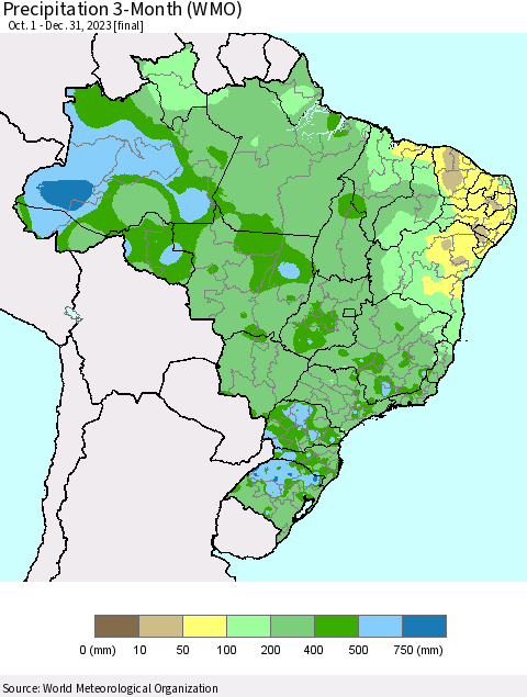 Brazil Precipitation 3-Month (WMO) Thematic Map For 10/1/2023 - 12/31/2023
