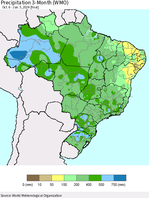 Brazil Precipitation 3-Month (WMO) Thematic Map For 10/6/2023 - 1/5/2024