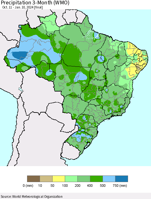 Brazil Precipitation 3-Month (WMO) Thematic Map For 10/11/2023 - 1/10/2024