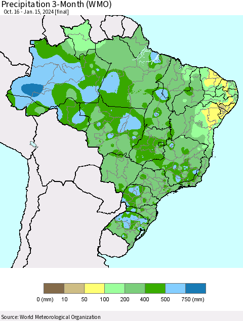 Brazil Precipitation 3-Month (WMO) Thematic Map For 10/16/2023 - 1/15/2024