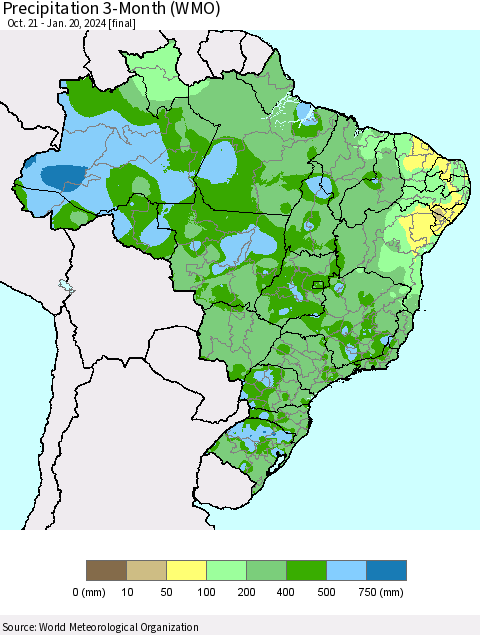 Brazil Precipitation 3-Month (WMO) Thematic Map For 10/21/2023 - 1/20/2024