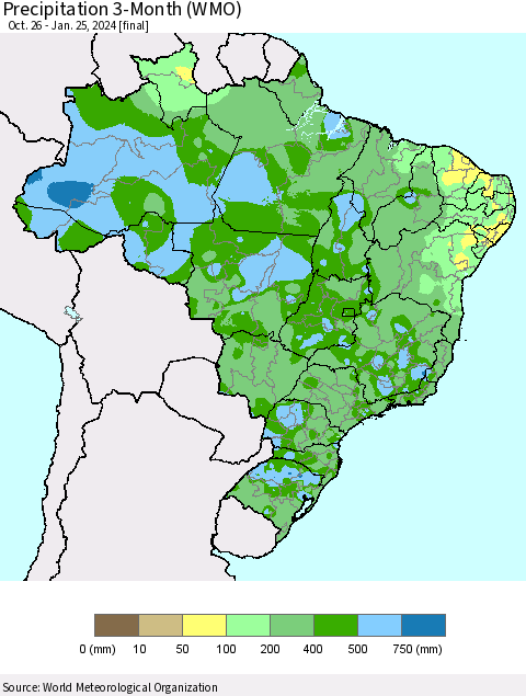 Brazil Precipitation 3-Month (WMO) Thematic Map For 10/26/2023 - 1/25/2024