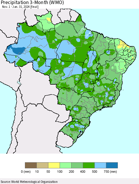 Brazil Precipitation 3-Month (WMO) Thematic Map For 11/1/2023 - 1/31/2024