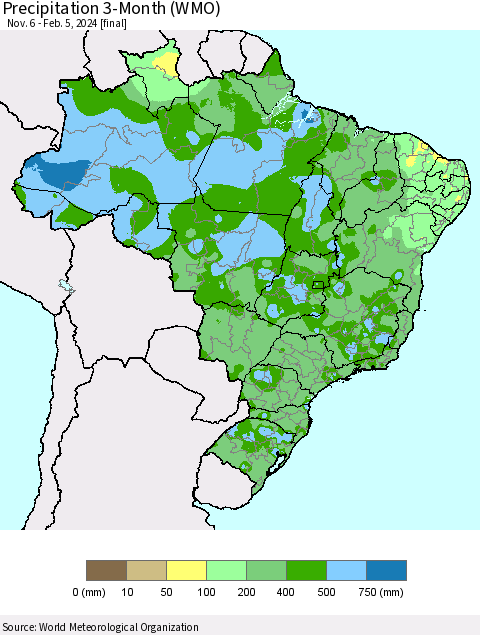 Brazil Precipitation 3-Month (WMO) Thematic Map For 11/6/2023 - 2/5/2024