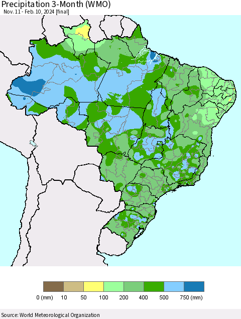 Brazil Precipitation 3-Month (WMO) Thematic Map For 11/11/2023 - 2/10/2024