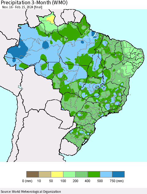 Brazil Precipitation 3-Month (WMO) Thematic Map For 11/16/2023 - 2/15/2024