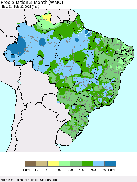 Brazil Precipitation 3-Month (WMO) Thematic Map For 11/21/2023 - 2/20/2024