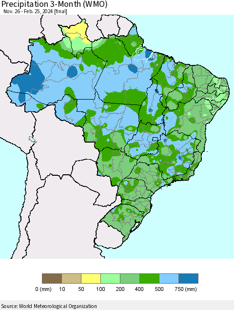 Brazil Precipitation 3-Month (WMO) Thematic Map For 11/26/2023 - 2/25/2024