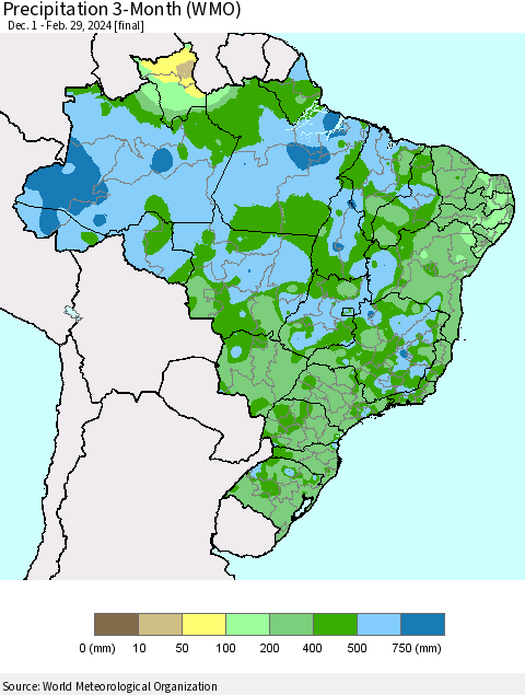 Brazil Precipitation 3-Month (WMO) Thematic Map For 12/1/2023 - 2/29/2024