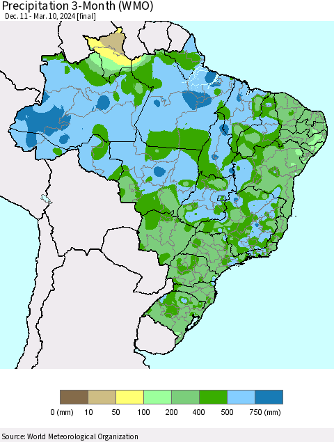 Brazil Precipitation 3-Month (WMO) Thematic Map For 12/11/2023 - 3/10/2024