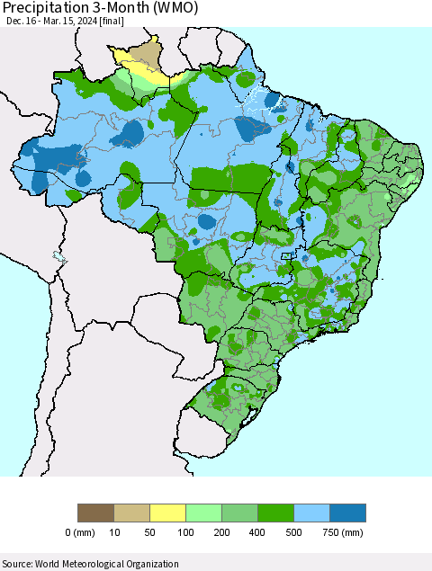 Brazil Precipitation 3-Month (WMO) Thematic Map For 12/16/2023 - 3/15/2024