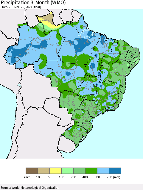 Brazil Precipitation 3-Month (WMO) Thematic Map For 12/21/2023 - 3/20/2024