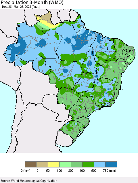 Brazil Precipitation 3-Month (WMO) Thematic Map For 12/26/2023 - 3/25/2024