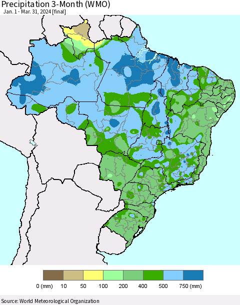 Brazil Precipitation 3-Month (WMO) Thematic Map For 1/1/2024 - 3/31/2024