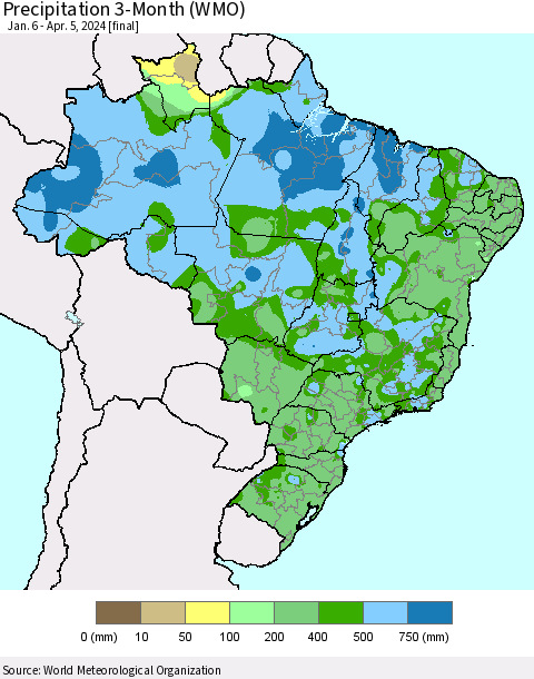 Brazil Precipitation 3-Month (WMO) Thematic Map For 1/6/2024 - 4/5/2024