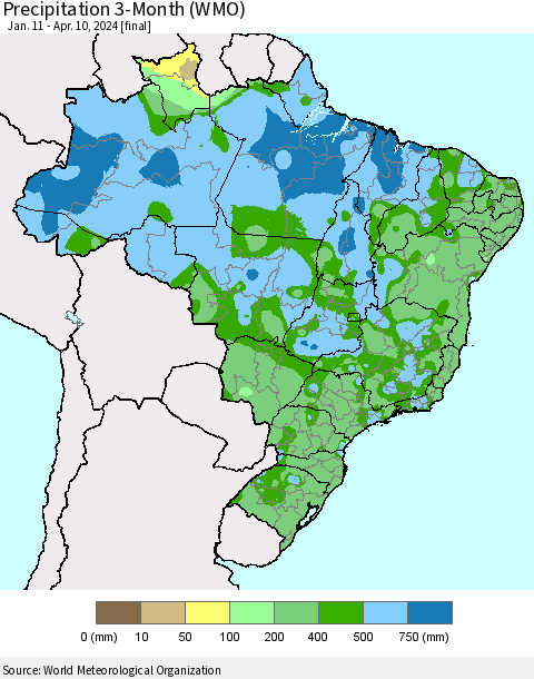 Brazil Precipitation 3-Month (WMO) Thematic Map For 1/11/2024 - 4/10/2024