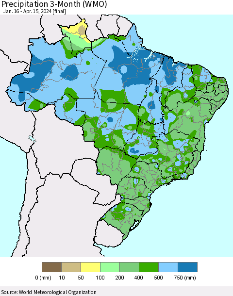 Brazil Precipitation 3-Month (WMO) Thematic Map For 1/16/2024 - 4/15/2024