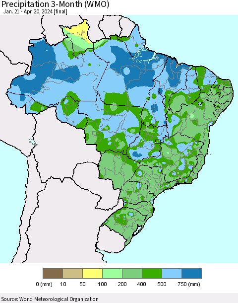 Brazil Precipitation 3-Month (WMO) Thematic Map For 1/21/2024 - 4/20/2024