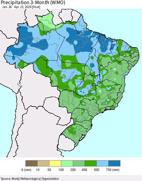 Brazil Precipitation 3-Month (WMO) Thematic Map For 1/26/2024 - 4/25/2024