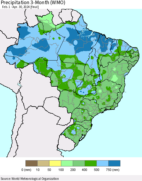 Brazil Precipitation 3-Month (WMO) Thematic Map For 2/1/2024 - 4/30/2024