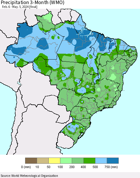 Brazil Precipitation 3-Month (WMO) Thematic Map For 2/6/2024 - 5/5/2024