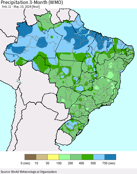 Brazil Precipitation 3-Month (WMO) Thematic Map For 2/11/2024 - 5/10/2024