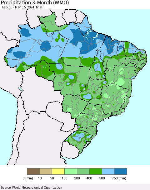 Brazil Precipitation 3-Month (WMO) Thematic Map For 2/16/2024 - 5/15/2024