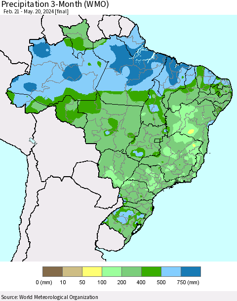 Brazil Precipitation 3-Month (WMO) Thematic Map For 2/21/2024 - 5/20/2024