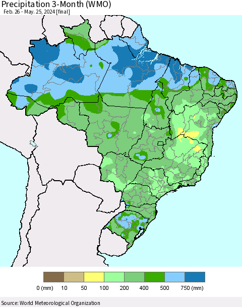 Brazil Precipitation 3-Month (WMO) Thematic Map For 2/26/2024 - 5/25/2024