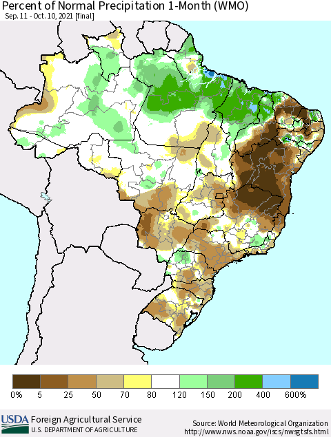 Brazil Percent of Normal Precipitation 1-Month (WMO) Thematic Map For 9/11/2021 - 10/10/2021