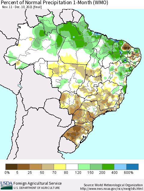 Brazil Percent of Normal Precipitation 1-Month (WMO) Thematic Map For 11/11/2021 - 12/10/2021