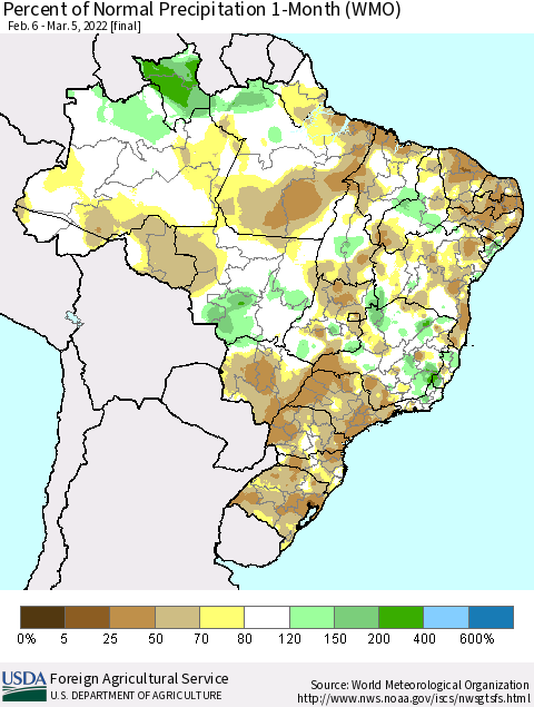 Brazil Percent of Normal Precipitation 1-Month (WMO) Thematic Map For 2/6/2022 - 3/5/2022