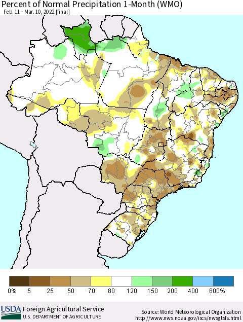Brazil Percent of Normal Precipitation 1-Month (WMO) Thematic Map For 2/11/2022 - 3/10/2022