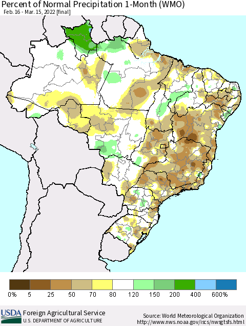 Brazil Percent of Normal Precipitation 1-Month (WMO) Thematic Map For 2/16/2022 - 3/15/2022
