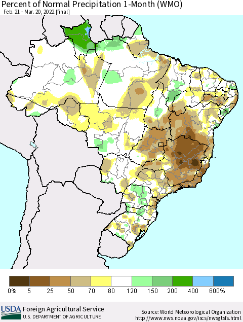 Brazil Percent of Normal Precipitation 1-Month (WMO) Thematic Map For 2/21/2022 - 3/20/2022