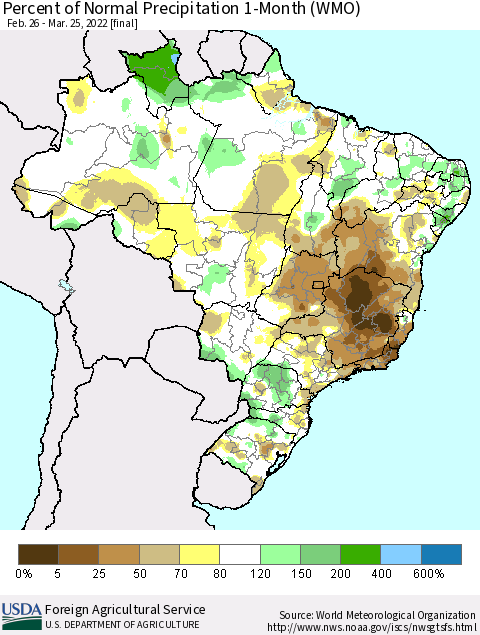 Brazil Percent of Normal Precipitation 1-Month (WMO) Thematic Map For 2/26/2022 - 3/25/2022