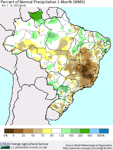 Brazil Percent of Normal Precipitation 1-Month (WMO) Thematic Map For 3/1/2022 - 3/31/2022