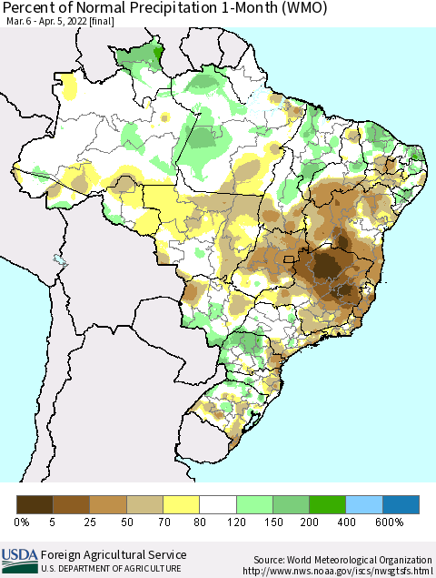 Brazil Percent of Normal Precipitation 1-Month (WMO) Thematic Map For 3/6/2022 - 4/5/2022