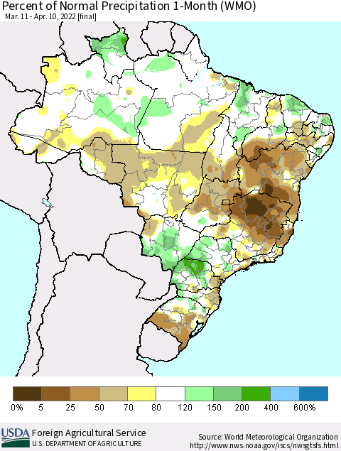 Brazil Percent of Normal Precipitation 1-Month (WMO) Thematic Map For 3/11/2022 - 4/10/2022