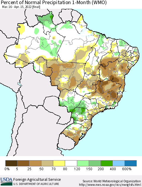 Brazil Percent of Normal Precipitation 1-Month (WMO) Thematic Map For 3/16/2022 - 4/15/2022