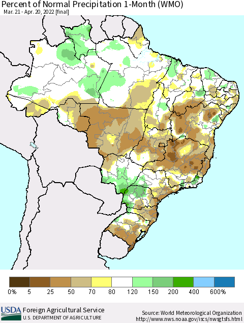 Brazil Percent of Normal Precipitation 1-Month (WMO) Thematic Map For 3/21/2022 - 4/20/2022