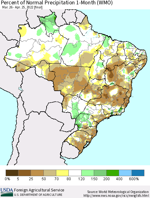 Brazil Percent of Normal Precipitation 1-Month (WMO) Thematic Map For 3/26/2022 - 4/25/2022