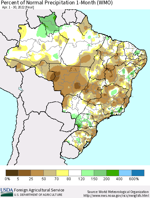 Brazil Percent of Normal Precipitation 1-Month (WMO) Thematic Map For 4/1/2022 - 4/30/2022