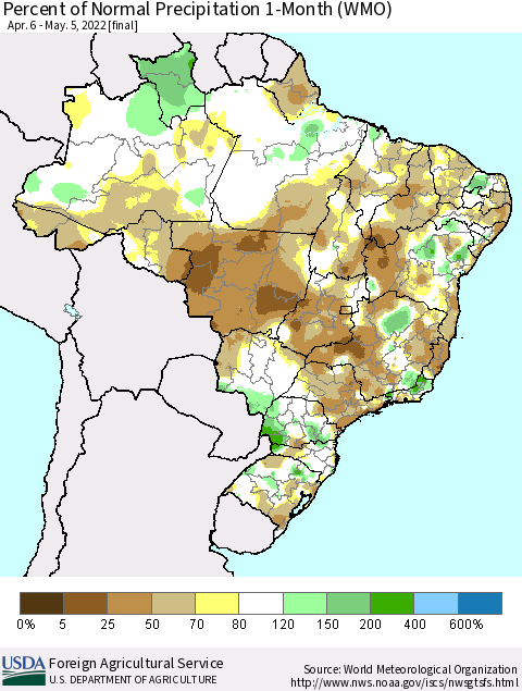 Brazil Percent of Normal Precipitation 1-Month (WMO) Thematic Map For 4/6/2022 - 5/5/2022