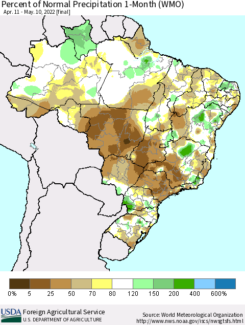 Brazil Percent of Normal Precipitation 1-Month (WMO) Thematic Map For 4/11/2022 - 5/10/2022