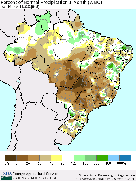 Brazil Percent of Normal Precipitation 1-Month (WMO) Thematic Map For 4/16/2022 - 5/15/2022