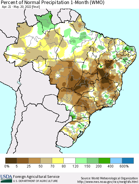 Brazil Percent of Normal Precipitation 1-Month (WMO) Thematic Map For 4/21/2022 - 5/20/2022