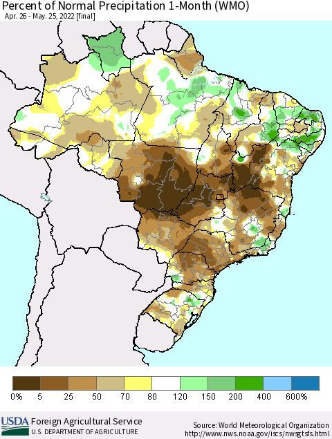 Brazil Percent of Normal Precipitation 1-Month (WMO) Thematic Map For 4/26/2022 - 5/25/2022