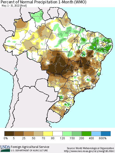 Brazil Percent of Normal Precipitation 1-Month (WMO) Thematic Map For 5/1/2022 - 5/31/2022