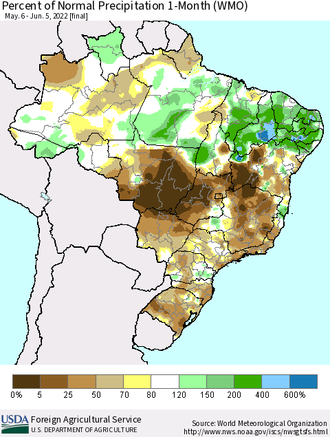 Brazil Percent of Normal Precipitation 1-Month (WMO) Thematic Map For 5/6/2022 - 6/5/2022